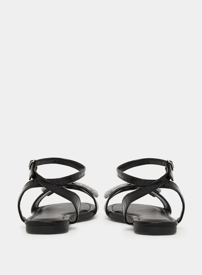Styli Embellished Bow Detail Ankle Strap Flat Sandals