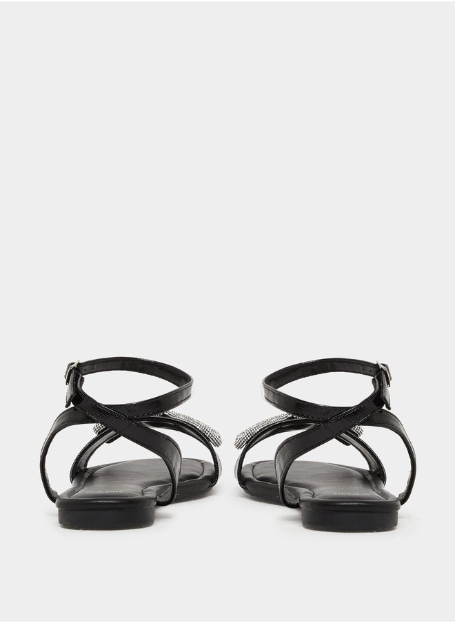 Styli Embellished Bow Detail Ankle Strap Flat Sandals  - Image 4