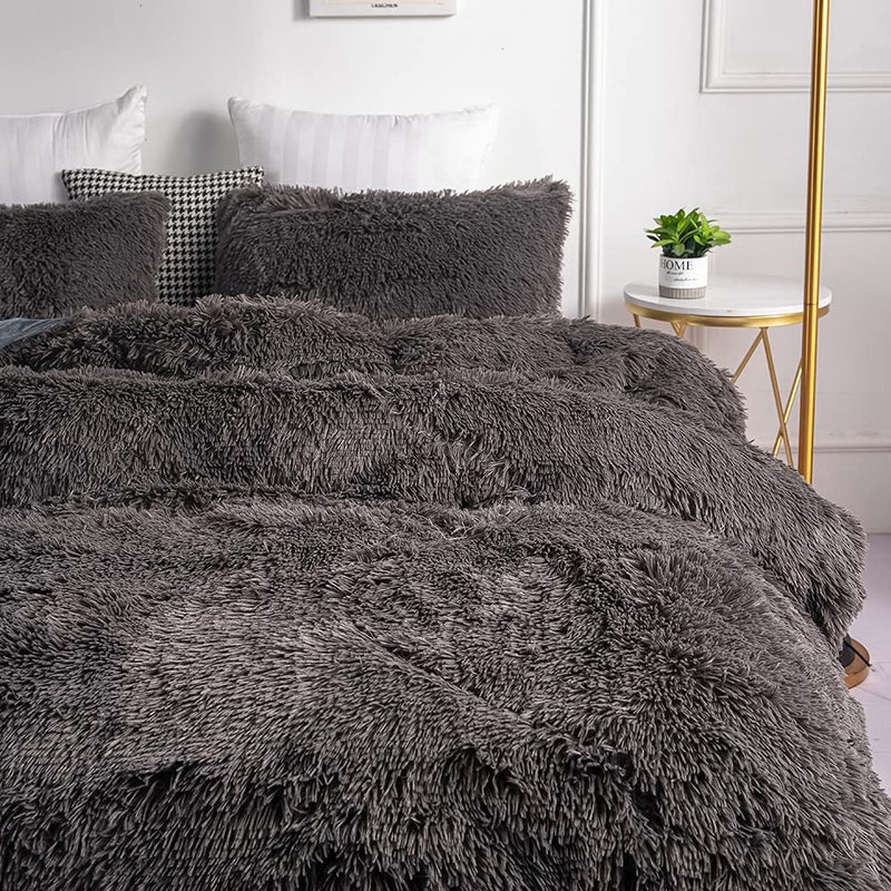 chovy مجموعة لحاف شوفى من الفرو الصناعي الرمادي - ناعمة للغاية من الفلانيل المخملي الفاخر 3 قطع (لحاف x 1، أغطية وسائد x 2) بحجم توأم/كامل - Image 4