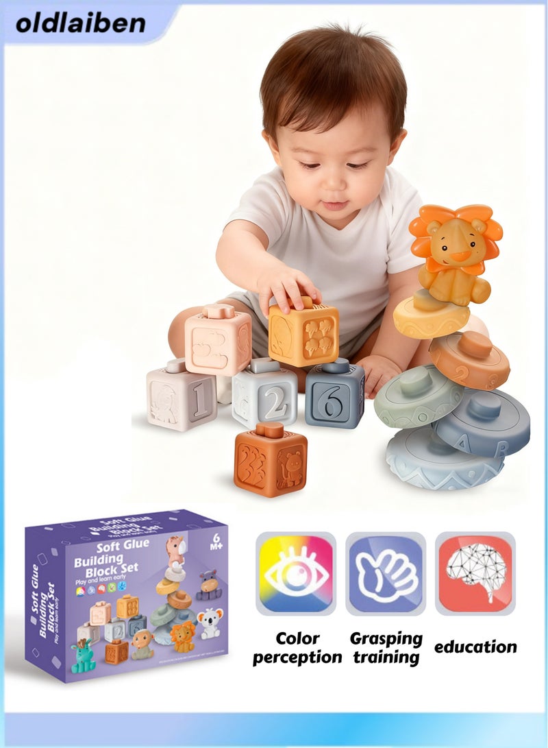 oldlaiben Baby Soft Stacking Blocks,Montessori Sensory Toys,Babies Educational Animal & Number Stacking Toys,Squeeze Sensory Play,Cartoon Relief Puzzle Blocks,Infant  Sensory Toys,Textures 6 Months And Up(13PCS) - Image 1