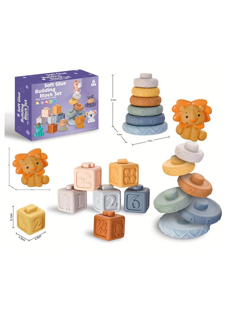 oldlaiben Baby Soft Stacking Blocks,Montessori Sensory Toys,Babies Educational Animal & Number Stacking Toys,Squeeze Sensory Play,Cartoon Relief Puzzle Blocks,Infant  Sensory Toys,Textures 6 Months And Up(13PCS) - Image 2