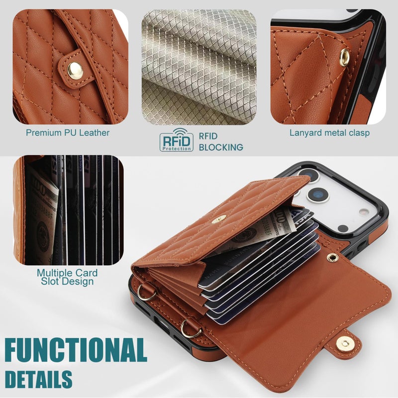SCINYMC Wallet Case for iPhone 17 Pro Max Crossbody Phone Strap, RFID Blocking Leather Cover with Lanyard & Wrist Strap & 4 Card Holder & Kickstand, Purse Style Phone Case for Women (Brown) - Image 2