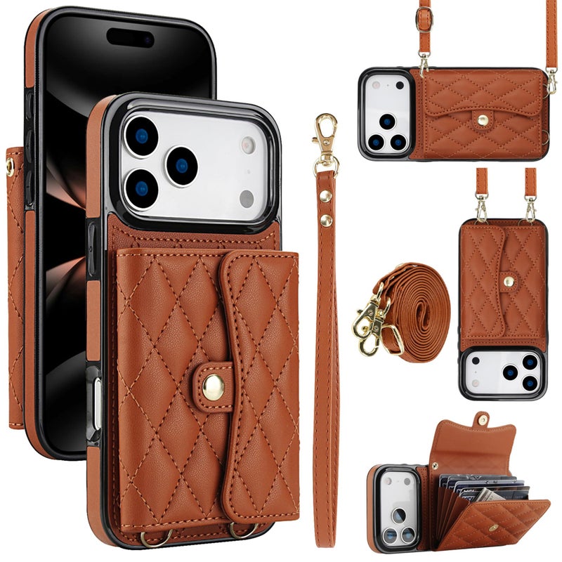 SCINYMC Wallet Case for iPhone 17 Pro Max Crossbody Phone Strap, RFID Blocking Leather Cover with Lanyard & Wrist Strap & 4 Card Holder & Kickstand, Purse Style Phone Case for Women (Brown) - Image 1