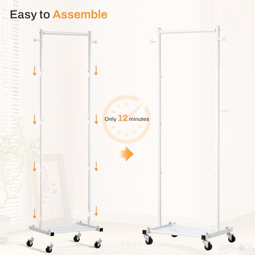 MISSLO Small Clothes Racks for Hanging Clothes Clothing Rack with Wheels 60" Garment Rack with Shelves Portable Rolling Wardrobe Rack for Small Space, White - Image 5
