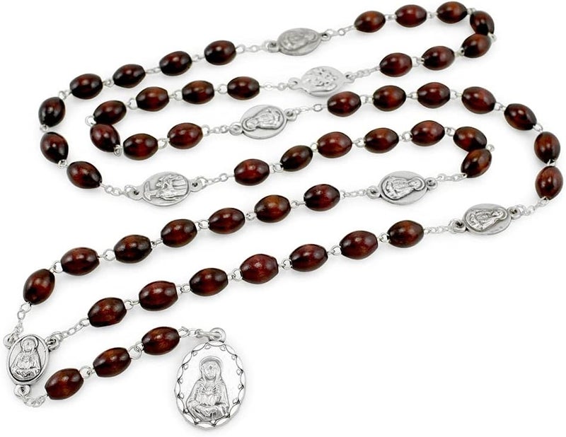 RosaryMart Seven Sorrows of Mary Rosary Chaplet Oval Brown Wooden Beads and Matching Rosary Pouch Servite Rosary - Image 2