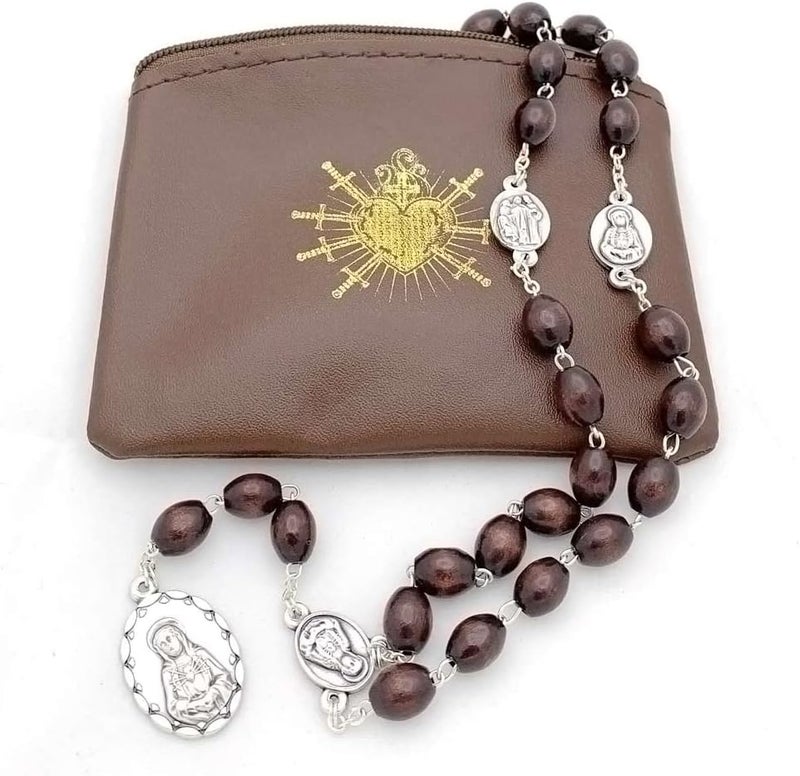 RosaryMart Seven Sorrows of Mary Rosary Chaplet Oval Brown Wooden Beads and Matching Rosary Pouch Servite Rosary - Image 1