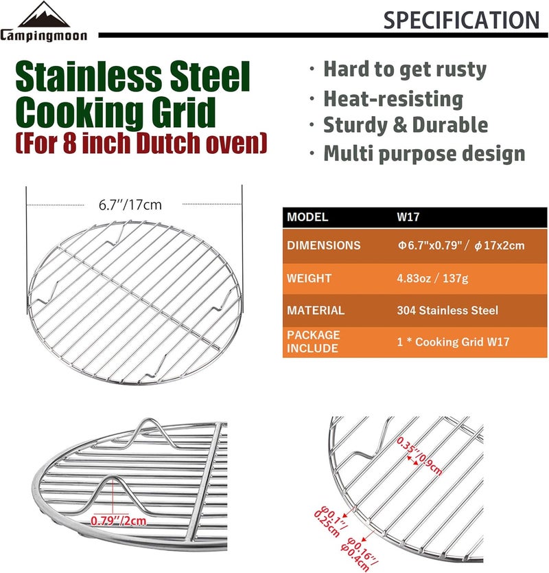 camping moon CAMPINGMOON Round Stainless Steel Roasting Baking Steaming Cooling Rack Cooking Grid Grill Fits for Dutch Oven (φ6.7inch fits for 8-inch Dutch Oven W17) - Image 3