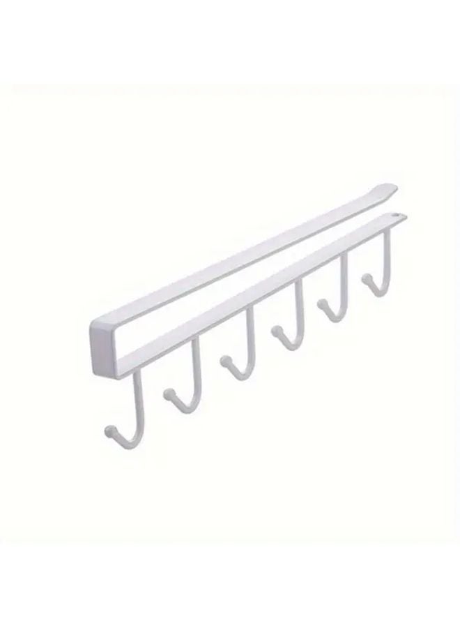 White Wall Mounted Shelf With 6 Hooks For Kitchen Utensils And Garments Storage - Image 1