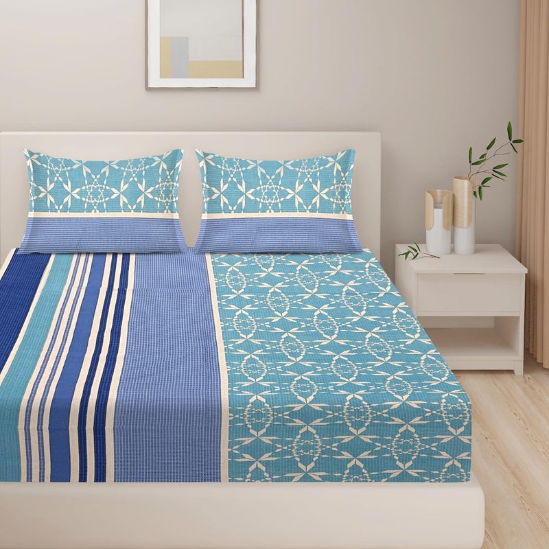 Swayam Monalisa Collection Basic Comfort 100% Cotton 120TC Geometric Print Double Bedsheet with 2 Pillow Covers - Blue - Image 2