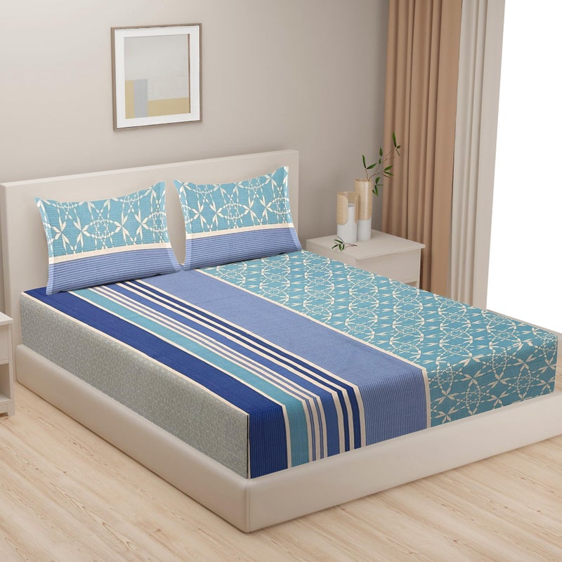 Swayam Monalisa Collection Basic Comfort 100% Cotton 120TC Geometric Print Double Bedsheet with 2 Pillow Covers - Blue - Image 1