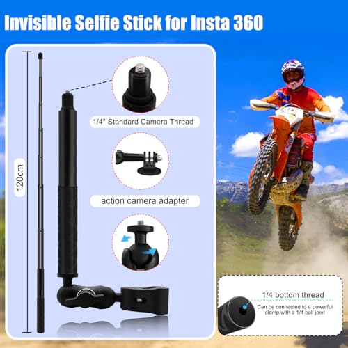 HAFOKO Motorcycle Double Clamp Mount Kit with 47" Invisible Selfie Stick compatible for Insta 360 X5-X Heavy-Duty Camera Bike Handbar Holder compatible for DJI Osmo Nano 360 Riding Record ATV UTV Boat - Image 2