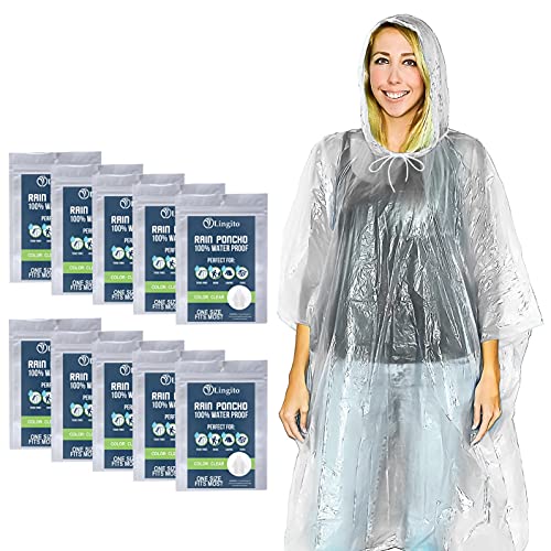 Lingito 10 Clear Emergency Rain Ponchos for Adults, Thicker, 100% Waterproof Emergency Rain Poncho- for Amusement Parks, Hikes, Camping and Concerts - Image 1