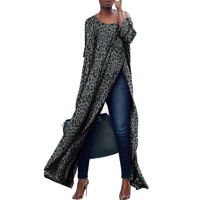 Muslim Robe Womens Split Side Maxi Top Casual Tee Dress gray leopard print