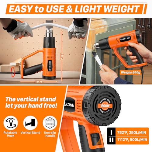 SEEKONE Heat Gun 1800W Heavy Duty Fast Heat Hot Air Gun Kit with 752℉&1112℉（400℃-600℃） Dual-Temperature Settings and 4 Nozzles with Overheat Protection for Crafts, Shrinking PVC, Stripping Paint - Image 3