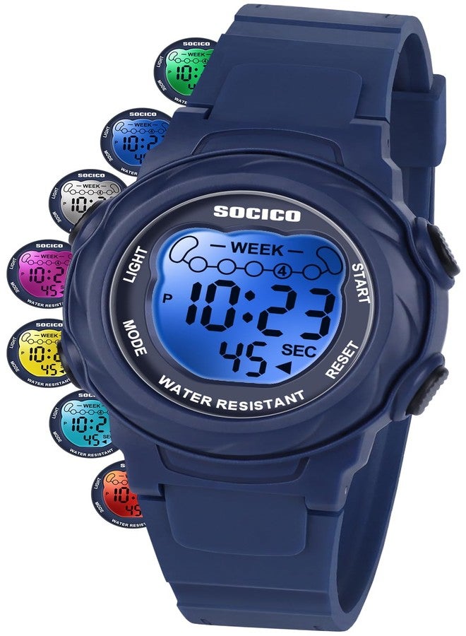 SOCICO Kids Digital Watches for Girls Boys, Waterproof 5ATM, 7 Color Lights Waterproof Watches for Kids with Alarm Stopwatch, Soft Band Wrist Watch for Girls and Boys Ages 5-12. - Image 1