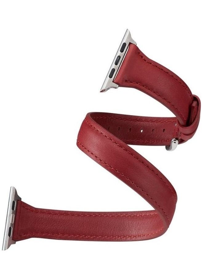 NIBEMINENT - Thin Leather Double Loop Replacement Wrist Strap Watchband For Apple Watch Series 1/2/3/4/5 38-40mm Red - Image 1