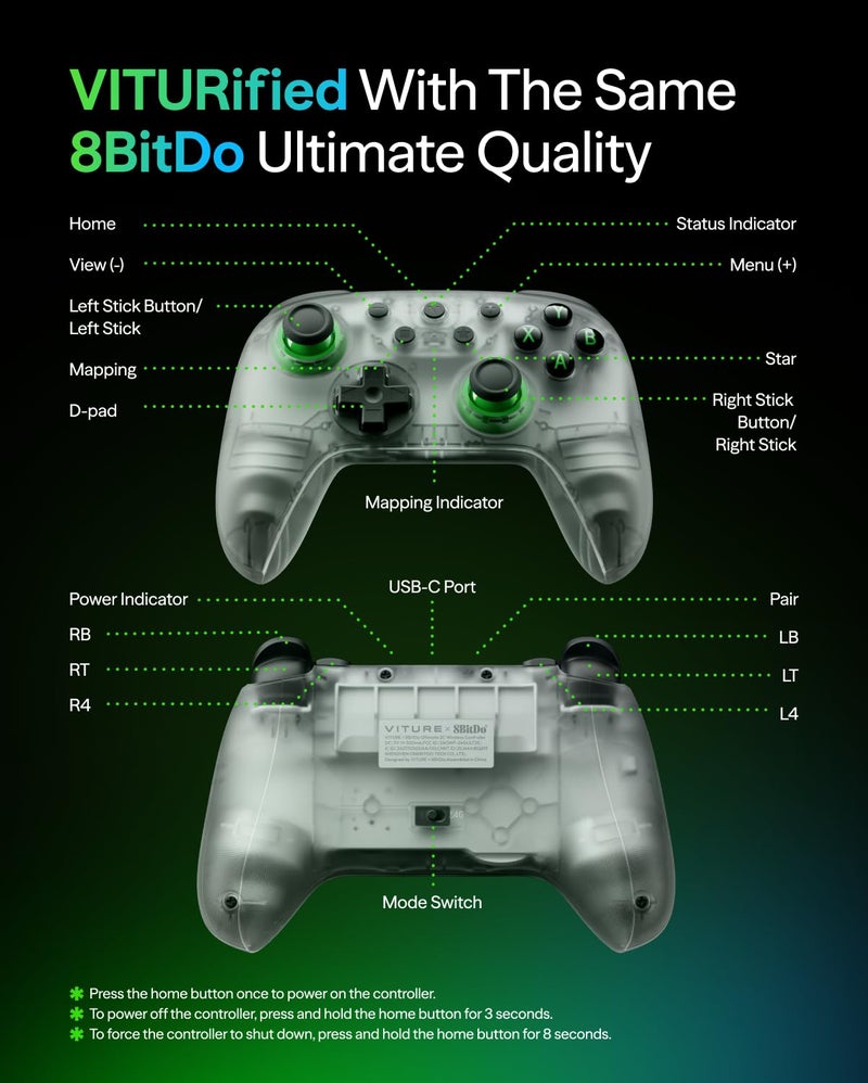 VITURE × 8BitDo وحدة تحكم ألعاب لاسلكية Ultimate 2C 3 أوضاع لسماعة الرقبة، أندرويد و ويندوز | تخطيط Xbox | عصي تحكم بتأثير هول | زنبركات خطية | تخطيط L4/R4 | سلكية، بلوتوث و 2.4G - Image 3