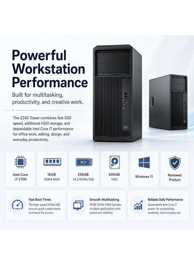 محطة عمل Z240 تاور - معالج إنتل كور i7-7700، رام 16 جيجابايت، هارد 256 جيجابايت NVMe SSD + 500 جيجابايت HDD، كارت شاشة AMD FirePro W5100 بسعة 4 جيجابايت، مزود طاقة 400 واط، ويندوز 11 مع ماوس ولوحة مفاتيح وكابل كهرباء مجاناً - Image 3