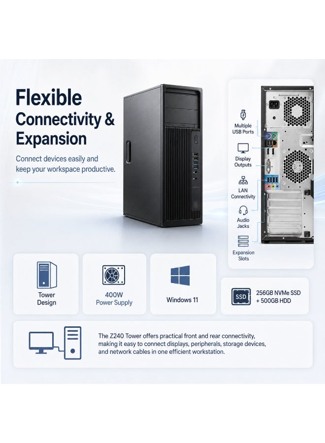 محطة عمل Z240 تاور - معالج إنتل كور i7-7700، رام 16 جيجابايت، هارد 256 جيجابايت NVMe SSD + 500 جيجابايت HDD، كارت شاشة AMD FirePro W5100 بسعة 4 جيجابايت، مزود طاقة 400 واط، ويندوز 11 مع ماوس ولوحة مفاتيح وكابل كهرباء مجاناً - Image 4