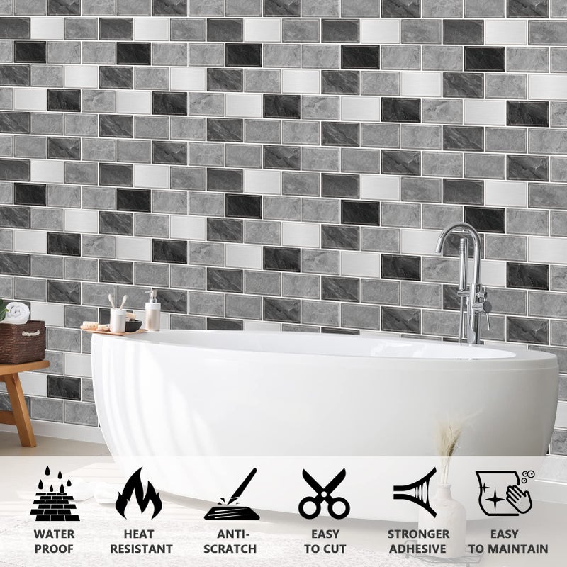 URCOLOR 10-Sheet Subway Tile Peel and Stick Backsplash for Kitchen,12"x12" Self Adhesive Wall Tiles Sticker on Back Splashes for Bathroom Gray Marble Design - Image 4