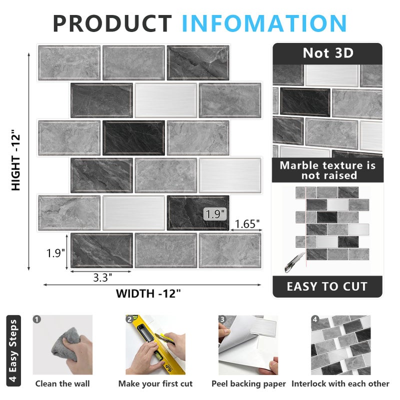 URCOLOR 10-Sheet Subway Tile Peel and Stick Backsplash for Kitchen,12"x12" Self Adhesive Wall Tiles Sticker on Back Splashes for Bathroom Gray Marble Design - Image 5