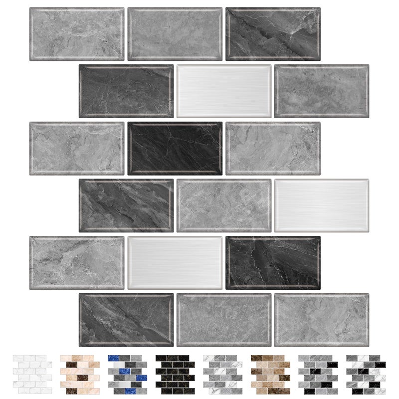 URCOLOR 10-Sheet Subway Tile Peel and Stick Backsplash for Kitchen,12"x12" Self Adhesive Wall Tiles Sticker on Back Splashes for Bathroom Gray Marble Design - Image 1