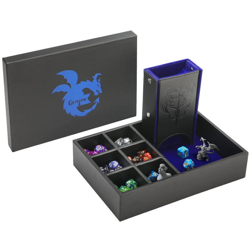 Grajar 3 in 1 Dice Tray with Lid Portable Dice Box Storage for DND Dungeons and Dragons DD MTG RPG Games Blue