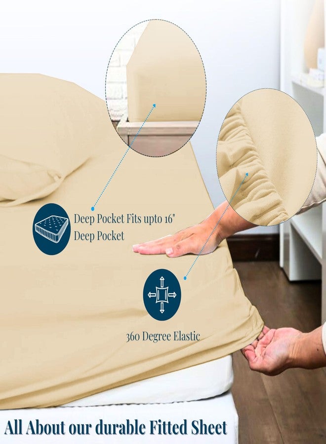 كي أل طقم ملاءات كوين من 4 قطع، قطن مصري 100%، 500 خيط، جيب عميق إضافي 15 بوصة، قطن طويل التيلة، ناعم وفاخر، يسمح بمرور الهواء، لون بيج سادة. - Image 2