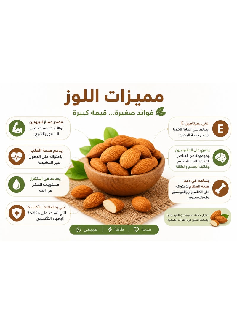 لوز طبيعي خام غير محمص 500 جم | Almonds Raw Premium Quality | مكسرات فاخرة طازجة غنية بالبروتين والألياف والدهون الصحية | سناك صحي للدايت والرياضة والحلويات والمخبوزات - Image 2