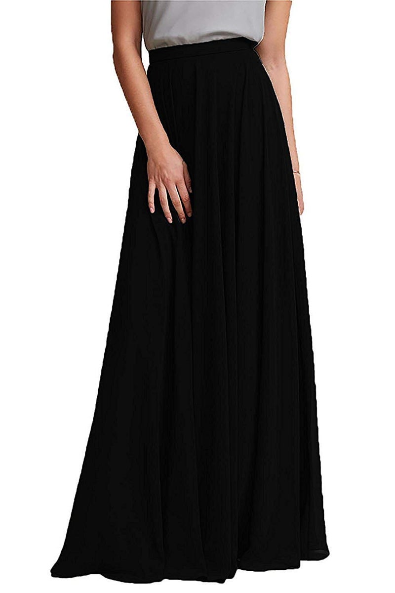 AiberLisha Long Maxi Floor Lengh Chiffon Skirt Elastic High Waist Bridesmaid Skirt Black S-M - Image 1