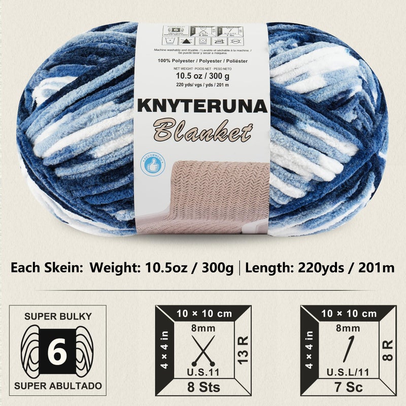 Knyteruna #6 Super Bulky Blanket Yarn for Crocheting - 4 Skeins(Each 10.5oz/300g, 220yds/201m), Chunky Chenille Thick Plush Big Soft Yarn for Crocheting Knitting Blankets, Multi Blue & White - Image 2