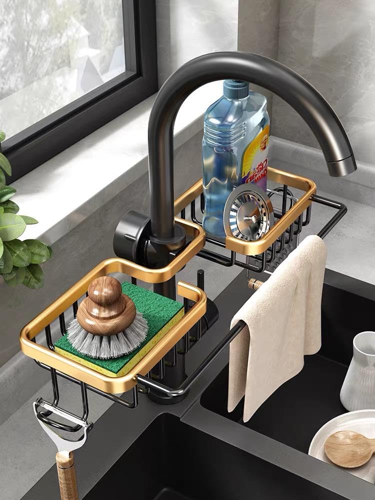 Genaric Adjustable Faucet Rack Space Aluminum Light Luxury Black Gold Home Kitchen Drain Basket Rag Rack - Black and Gold
