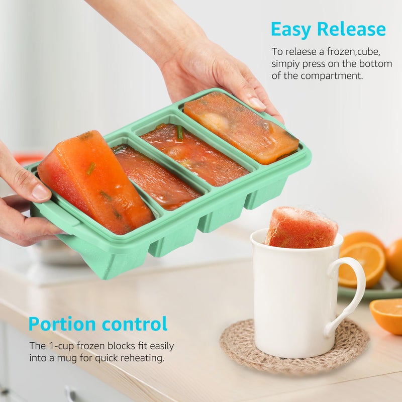 Ztomine Silicone Freezer Tray With Lid - Silicone Freezer Food Molds- Large Ice Cube Tray,Silicone Freezer Container,Freeze & Store Soup, Sauce, Broth,Leftovers - Makes 4 Perfect 1 Cup - Image 2