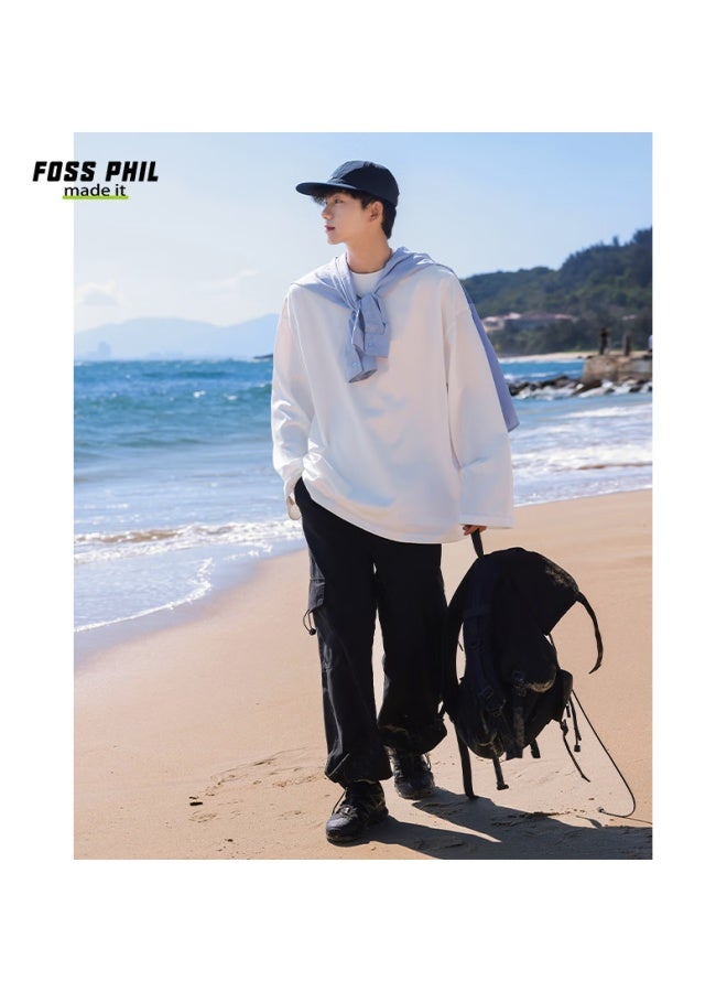 Foss Phil Men's Casual T-shirt Spring And Autumn Hong Kong Style Solid Color Loose Simple Sports Long Sleeve Base Fpct5 White 2XL - Image 4
