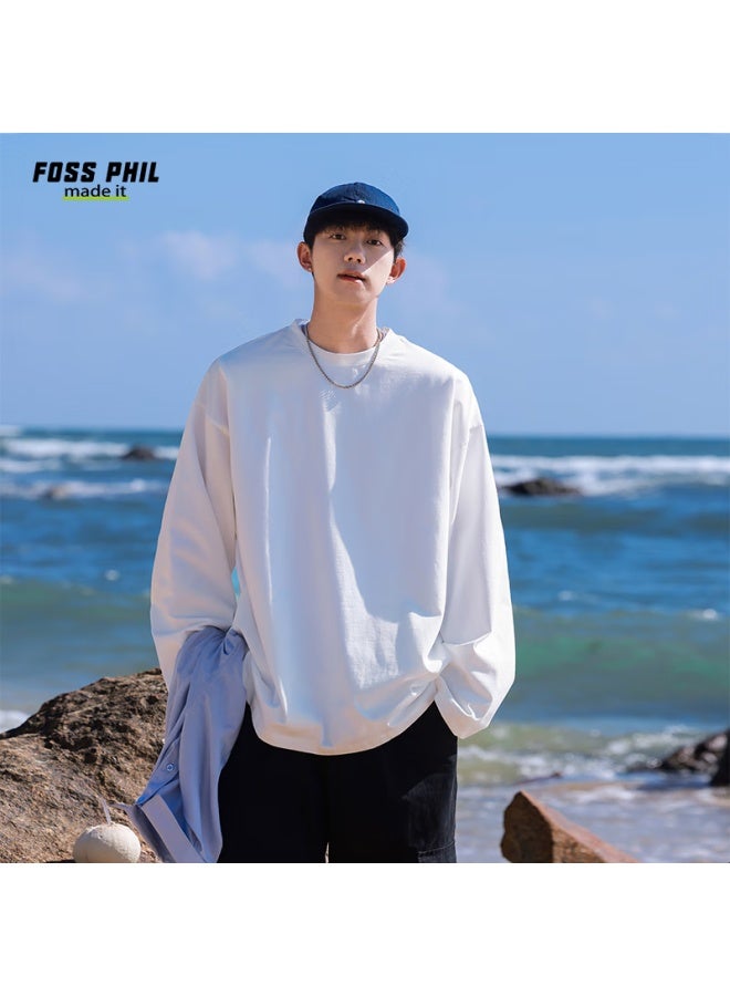 Foss Phil Men's Casual T-shirt Spring And Autumn Hong Kong Style Solid Color Loose Simple Sports Long Sleeve Base Fpct5 White 2XL - Image 2