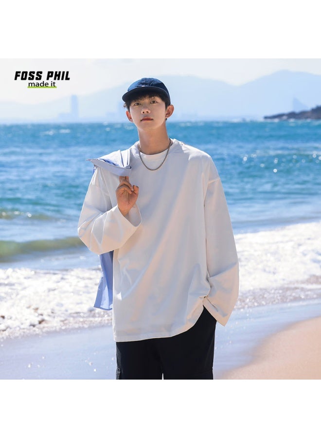 Foss Phil Men's Casual T-shirt Spring And Autumn Hong Kong Style Solid Color Loose Simple Sports Long Sleeve Base Fpct5 White 2XL - Image 5