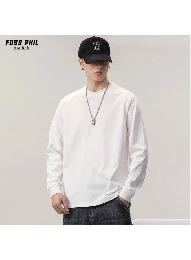 Foss Phil Men's Casual T-shirt Spring And Autumn Hong Kong Style Solid Color Loose Simple Sports Long Sleeve Base Fpct5 White 2XL - Image 1