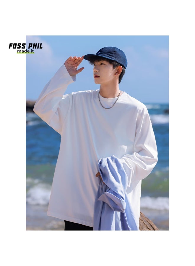 Foss Phil Men's Casual T-shirt Spring And Autumn Hong Kong Style Solid Color Loose Simple Sports Long Sleeve Base Fpct5 White 2XL - Image 3