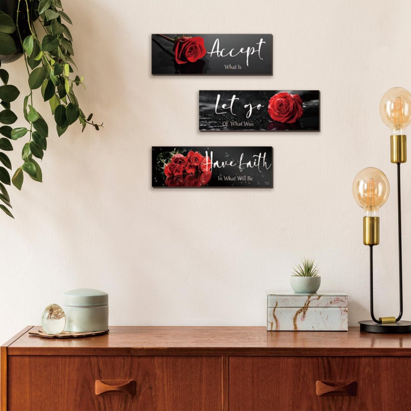 ZINYAZHE 3 Pcs Red Decor Flower Inspirational Wooden Wall Art Red Roses Office Wall Decor with Accept Let Go Have Faith Positive Quotes for Girl Women Bathroom Living Room Bedroom(Red Rose12 x 4 Inch) - Image 2