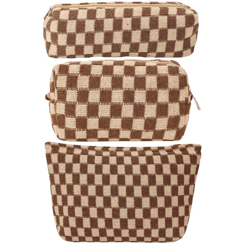 LYDZTION Large Capacity Makeup Bag Set - 3 Pieces Checkered Cosmetic Bag for Women Travel Makeup Bag Organizer Cute Makeup Brushes Storage Bag Travel Toiletry Bag Storage Bag for Women,Brown - Image 1