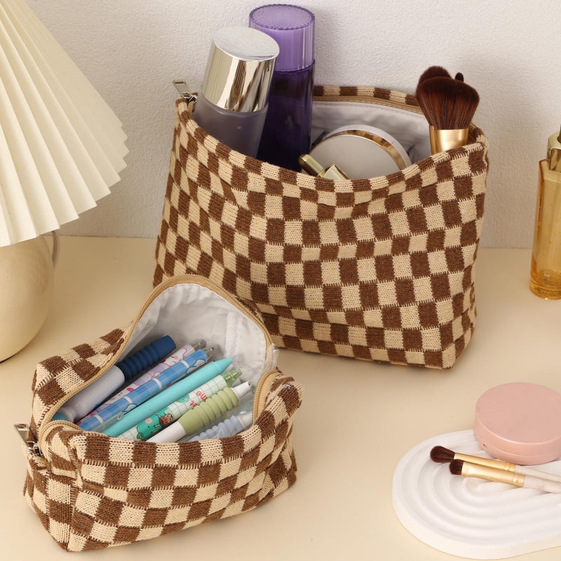LYDZTION Large Capacity Makeup Bag Set - 3 Pieces Checkered Cosmetic Bag for Women Travel Makeup Bag Organizer Cute Makeup Brushes Storage Bag Travel Toiletry Bag Storage Bag for Women,Brown - Image 5