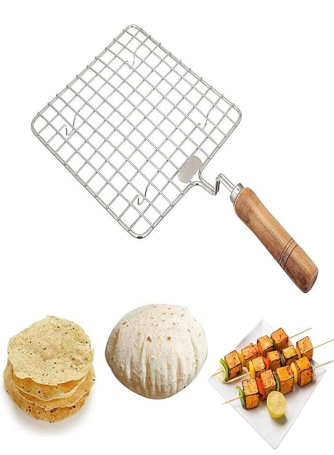 One Top Stainless Steel Square Papad Jali/Roti Roast Grill/Papad Roast Grill with Barbeque (BBQ) Grill Wooden Handle (Silver), Standard - Image 3