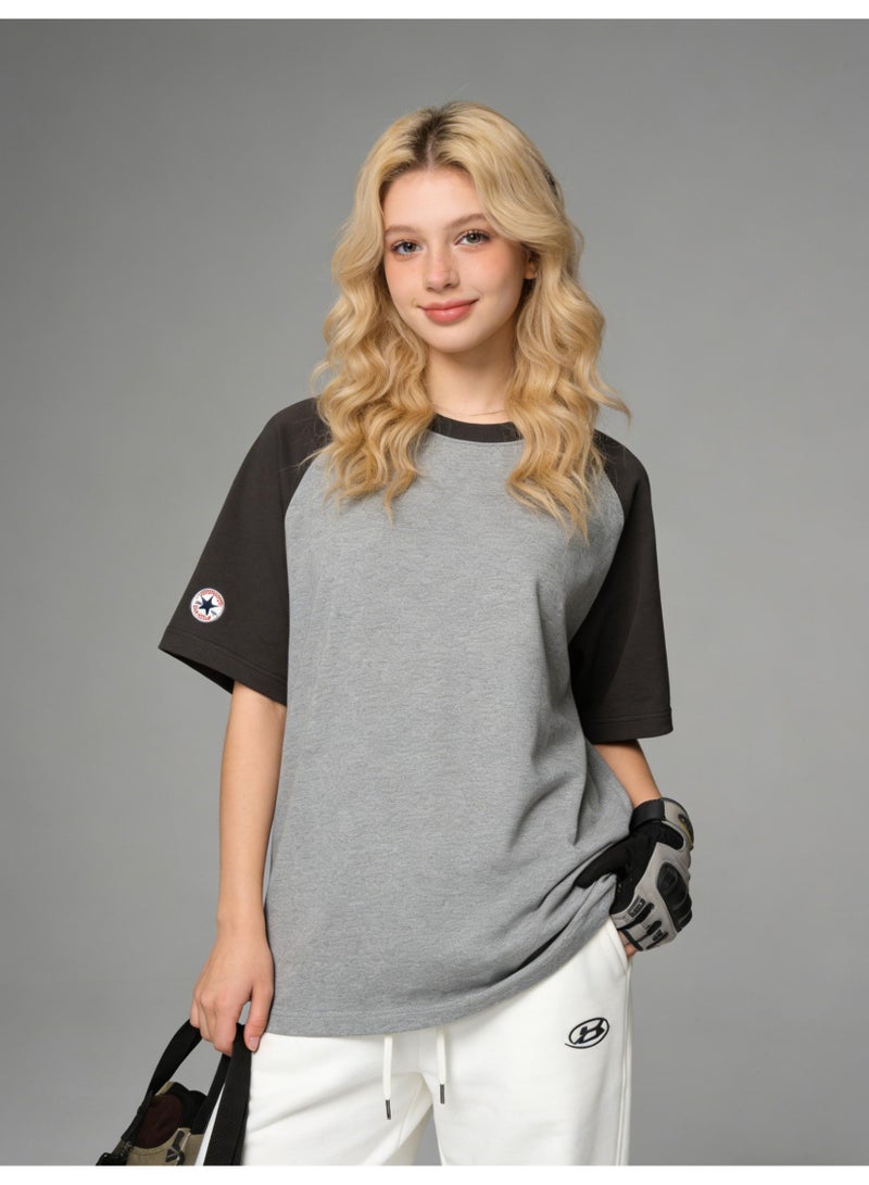 كونفرس Converse T-shirt with round neck and short sleeve-color matching shirt-cotton T-shirt unisex loose casual couple short sleeve T-shirt - Image 4