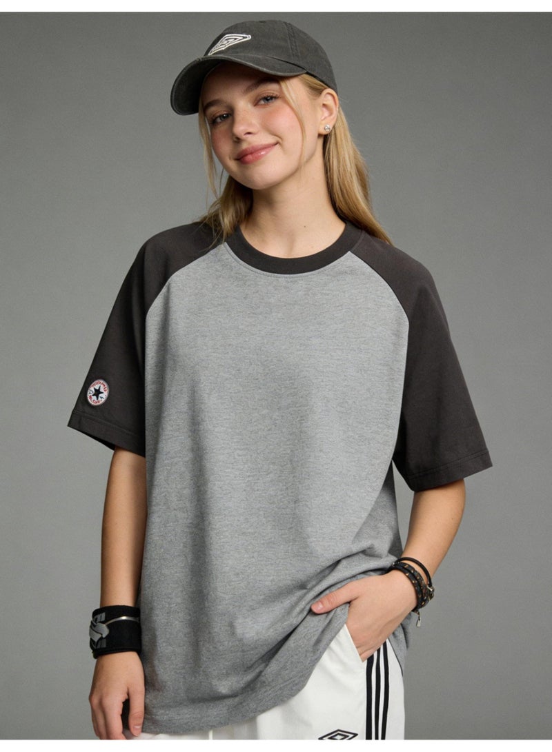 كونفرس Converse T-shirt with round neck and short sleeve-color matching shirt-cotton T-shirt unisex loose casual couple short sleeve T-shirt - Image 2