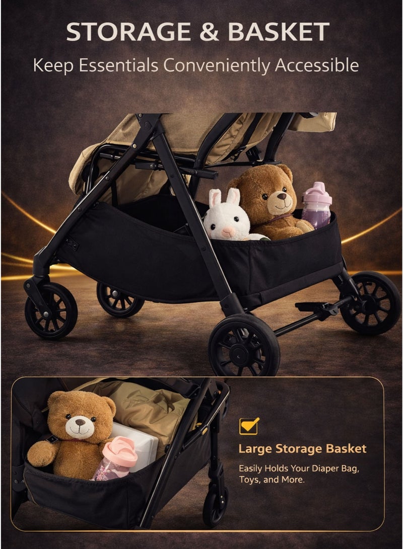 Spectrum One-Hand Folding Baby Stroller Buggy Pushchair Pram Cart for Newborn Children Infant Kids Toddler 0–3 Years, Self Standing Trolley When Folded, Lightweight Compact Travel Stroller Car Trunk Friendly, Adjustable Reclining Backrest and Footrest 360° Swivel Front Wheels One-Foot Dual Rear Brake One-Link Brake, 5-Point Safety Harness, Detachable Armrest Bar, Round Canopy, Large Shopping Storage Basket - Image 5