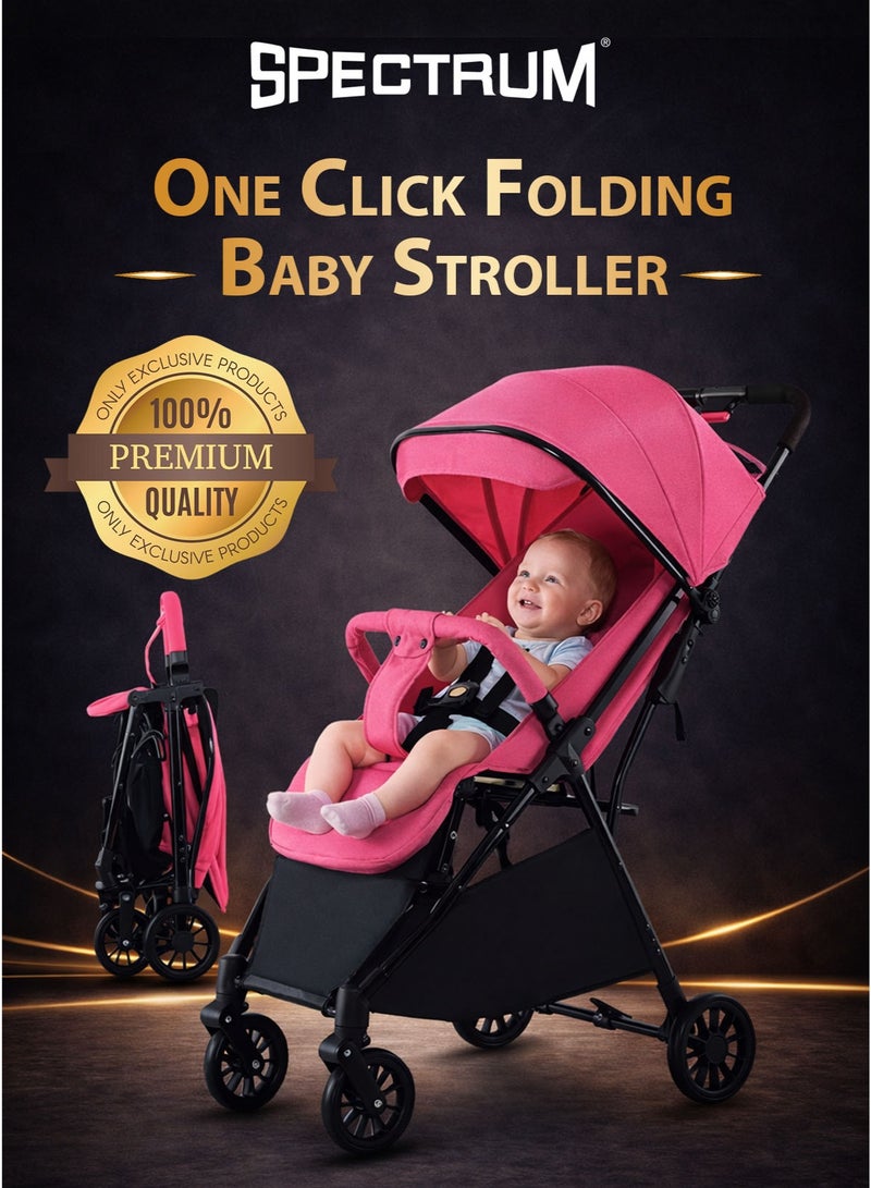 Spectrum One-Hand Folding Baby Stroller Buggy Pushchair Pram Cart for Newborn Children Infant Kids Toddler 0–3 Years, Self Standing Trolley When Folded, Lightweight Compact Travel Stroller Car Trunk Friendly, Adjustable Reclining Backrest and Footrest 360° Swivel Front Wheels One-Foot Dual Rear Brake One-Link Brake, 5-Point Safety Harness, Detachable Armrest Bar, Round Canopy, Large Shopping Storage Basket - Image 1