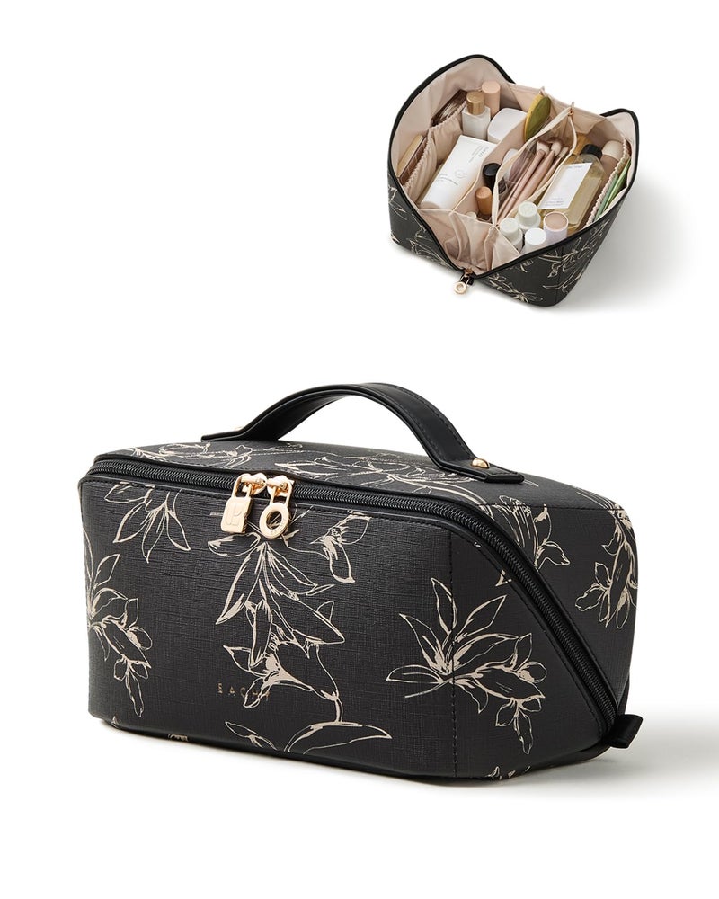 EACHY Travel Makeup Bag,Large Capacity Cosmetic Bags for Women,Waterproof Portable Pouch Open Flat Toiletry Bag Pattern Makeup Bag (F-Black-Large) - Image 1
