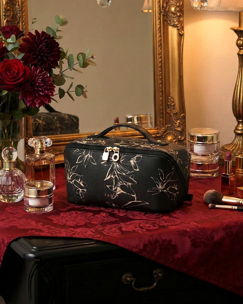 EACHY Travel Makeup Bag,Large Capacity Cosmetic Bags for Women,Waterproof Portable Pouch Open Flat Toiletry Bag Pattern Makeup Bag (F-Black-Large) - Image 2