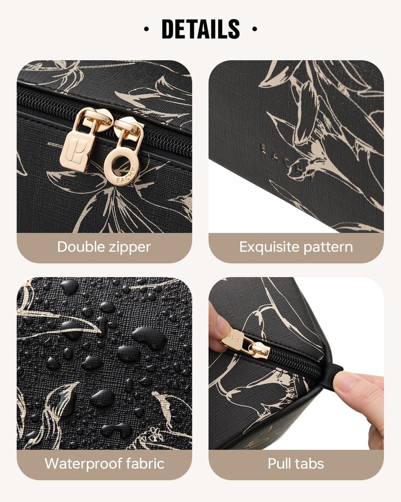EACHY Travel Makeup Bag,Large Capacity Cosmetic Bags for Women,Waterproof Portable Pouch Open Flat Toiletry Bag Pattern Makeup Bag (F-Black-Large) - Image 5
