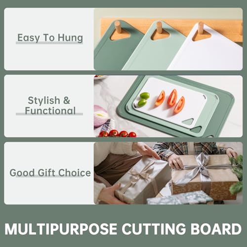 THETCHRY Plastic Cutting Board Set of 3-Cutting Boards for Kitchen BPA Free, Large-Small Chopping Boards Non-Slip for Cooking Camping Dishwasher Safe, Reversible, with Grip Handle, 15"×10"×0.6" Green - Image 5